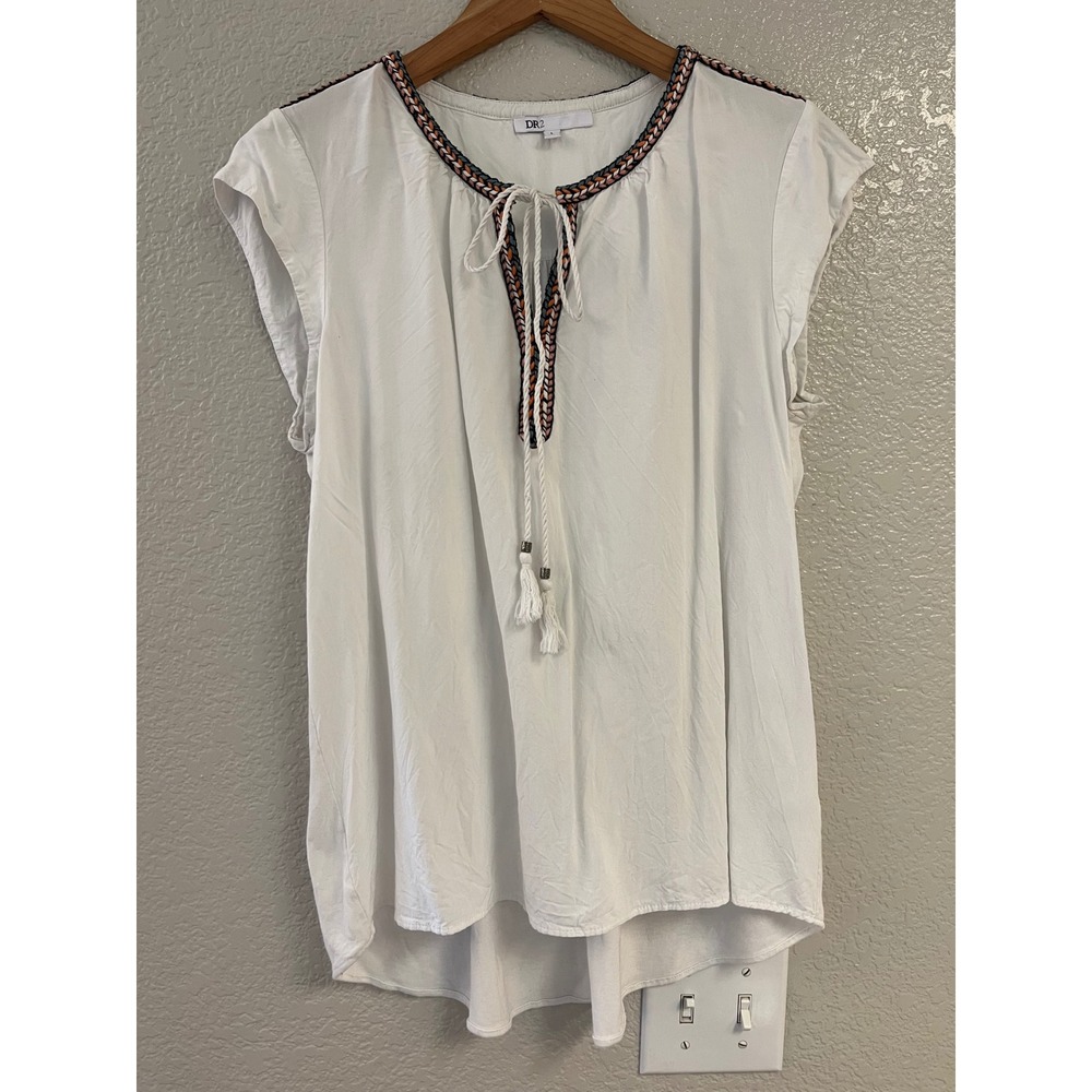 DR2 by Daniel Rainn White Cap Sleeve Embroidered Tassel Blouse L